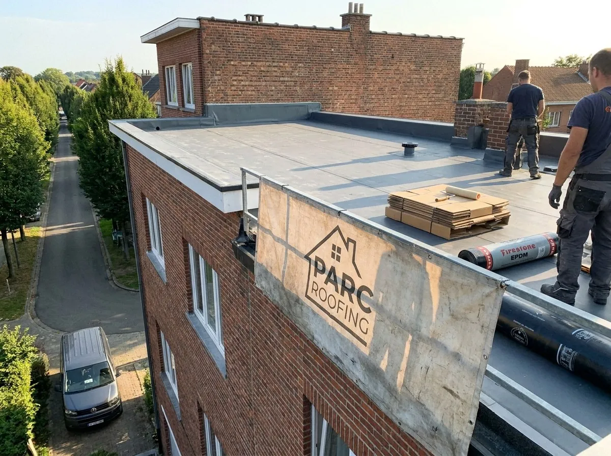 Toit plat d'immeuble refait en membrane à Woluwe-Saint-Pierre, bâche Parc Roofing accrochée à la façade et rue bordée d'arbres